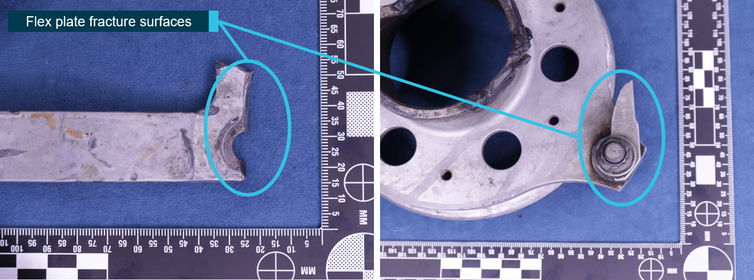 Figure 4: Fractured bolt hole (left) and small section remaining attached (right).<br />
Source: ATSB
