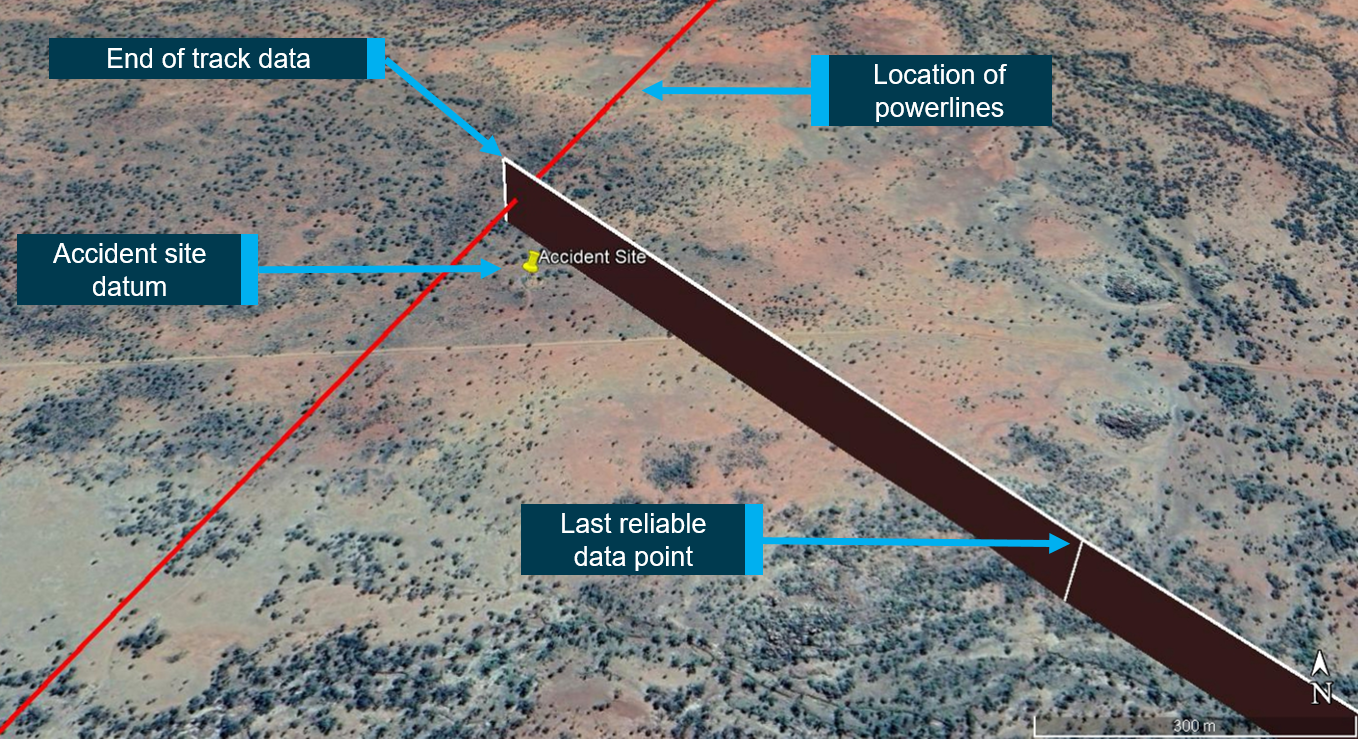 Figure 4: Accident site datum relative to the last reliable GPS data point.<br />
Source: Google Earth, annotate by the ATSB