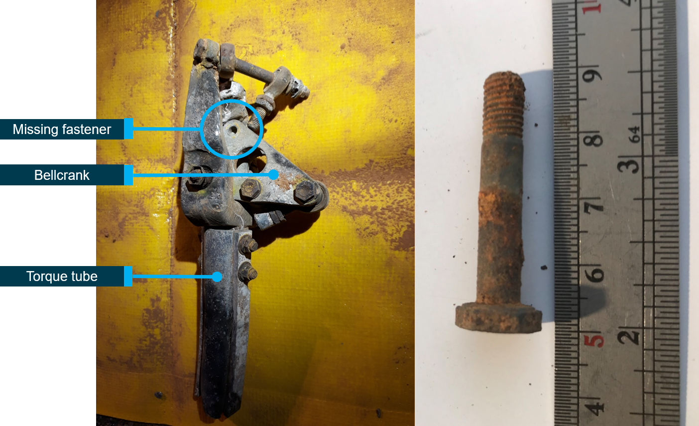 Figure 8: Bellcrank with missing fastener (left) and bolt (right).<br />
Source: ATSB (left) and next-of-kin (right)