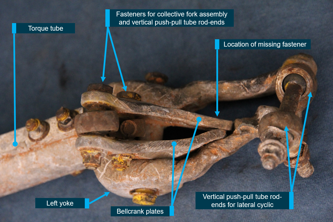 Figure 9: Bellcrank showing deformation observed on the torque tube yoke assembly and bellcrank plates.<br />
Source: ATSB