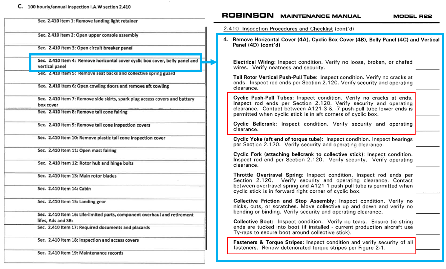 Figure 14: Comparison of the CAM 100-hour inspection checklist (left) and the R22 maintenance manual (right).Source: Cloncurry Air Maintenance (left) and Robinson Helicopter Company (right), annotated by the ATSB