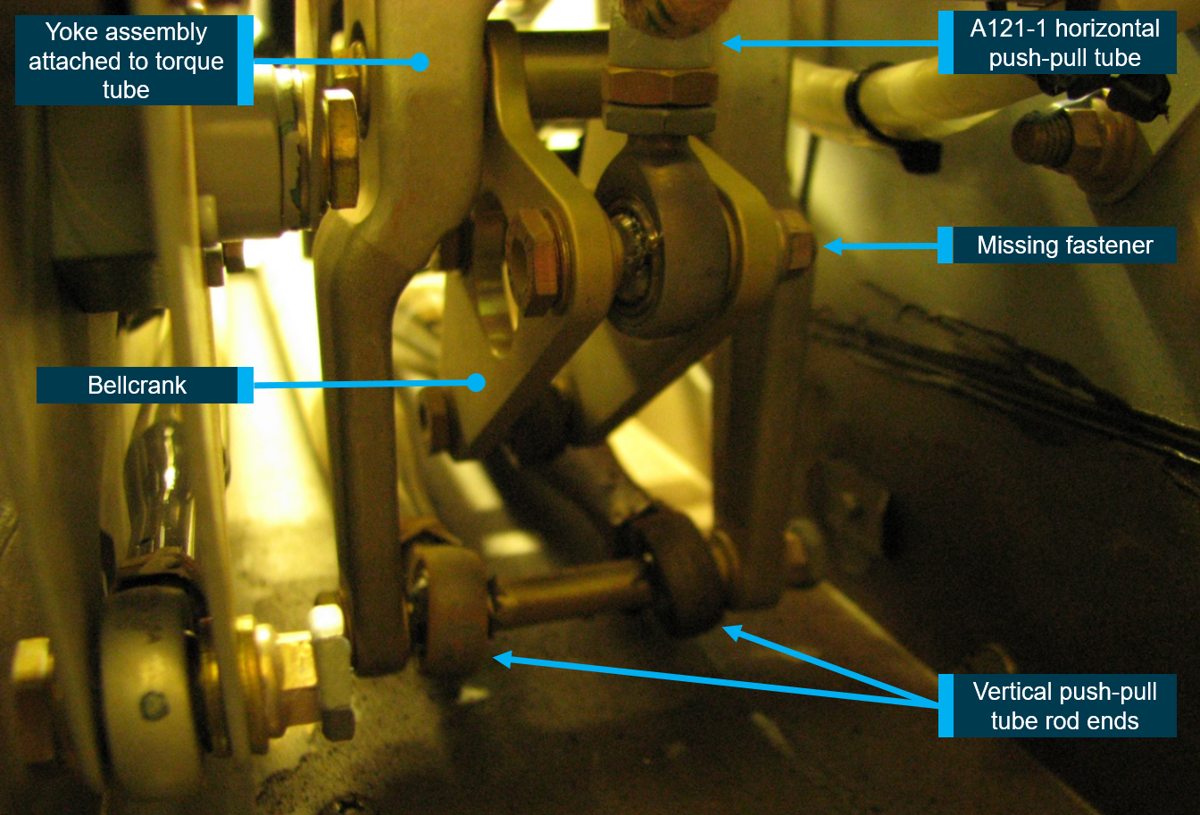 Figure A1: View looking upwards of an exemplar R22 control system, showing the bellcrank and location of the missing fastener.<br />
Source: ATSB
