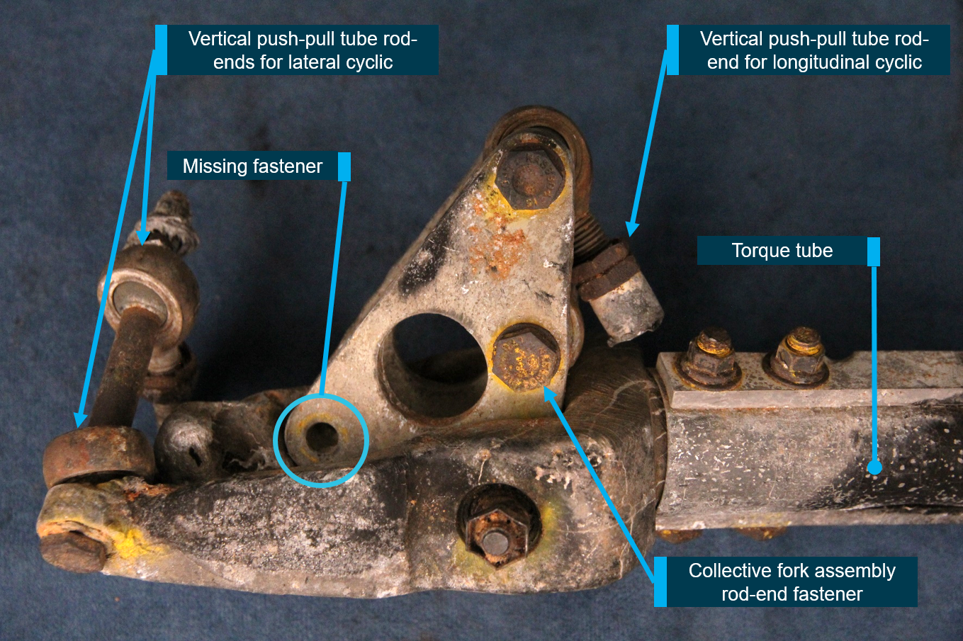 Figure A3: Side view of the bellcrank as received, location of missing fastener circled.Source: ATSB