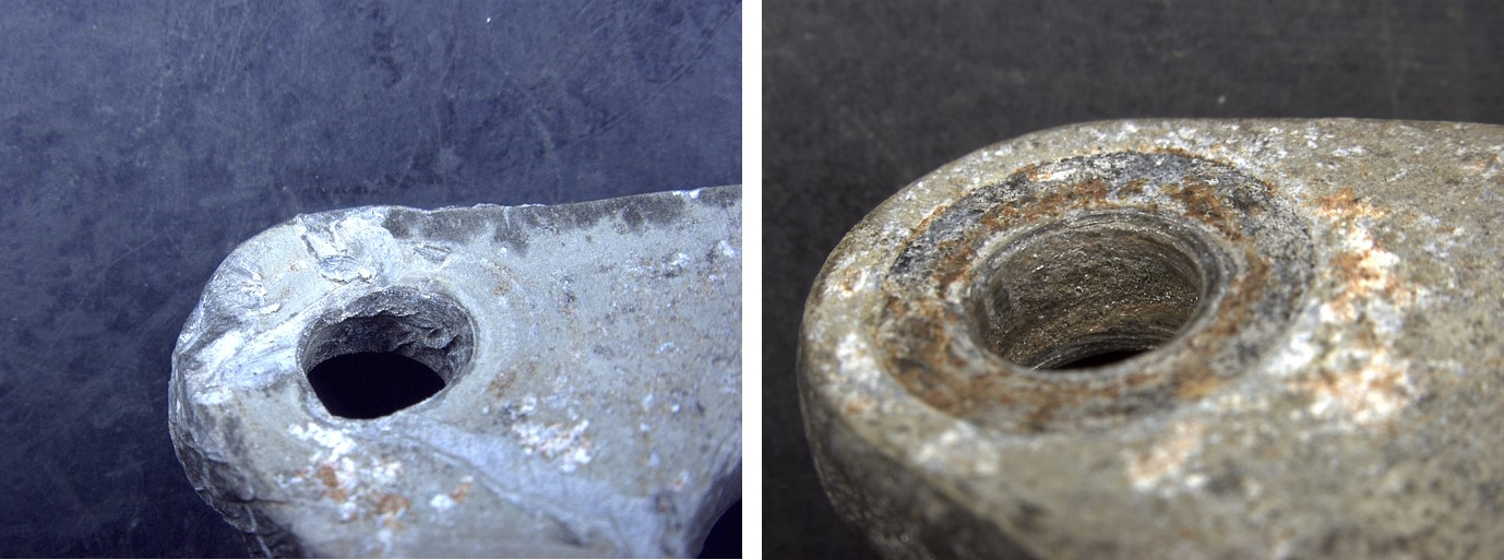 Figure A7: Comparison between the bolt hole where the fastener was missing (left) showing deformation due to heat and a bolt hole where a fastener remained in position (right).<br />
Source: ATSB
