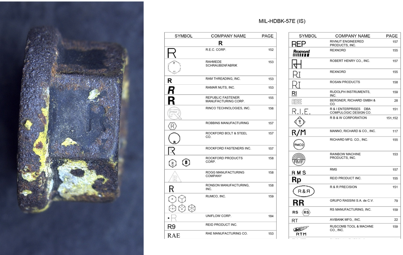 Figure A9: Nut markings from one of the remaining fasteners (left) and relevant page from MIL-HDBK-57 showing manufacturers marks (right).<br />
Source: ATSB