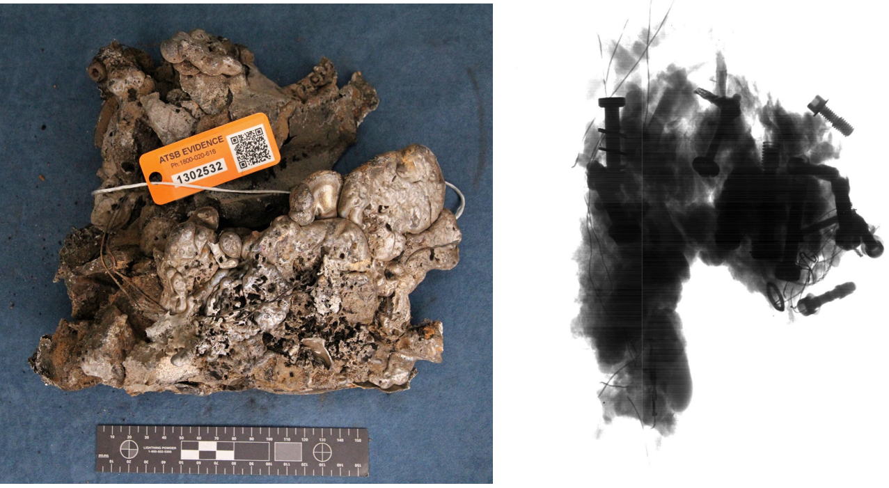 Figure A12: One of the metallic pieces recovered from the accident site and the corresponding radiograph that highlighted the presence of entrapped steel hardware.<br />
Source: ATSB (left) and Australian National University (right)