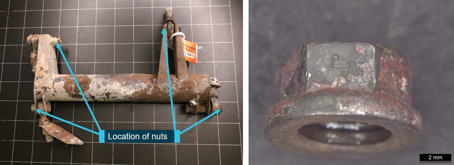 Figure A14: Jackshaft assembly (left) and magnified view of one of the nuts (right).<br />
Source: ATSB