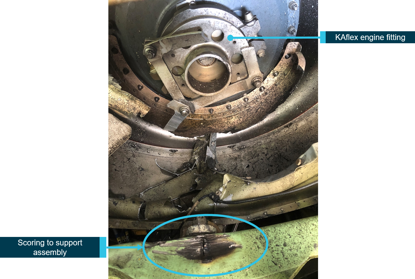 Figure 3: Scoring to the rear transmission mount support assembly.    Source: ATSB