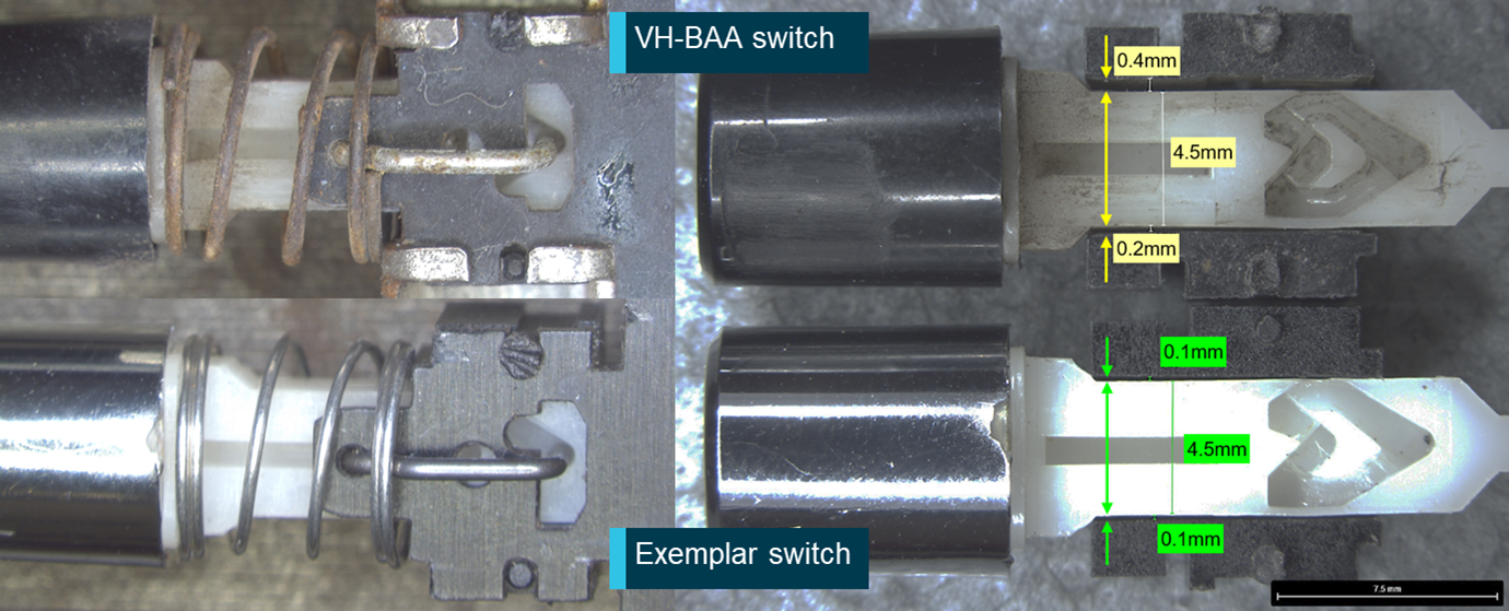 Figure 11: Corrosion, contamination, and wear in VH-BAA switch.<br />
Source: ATSB
