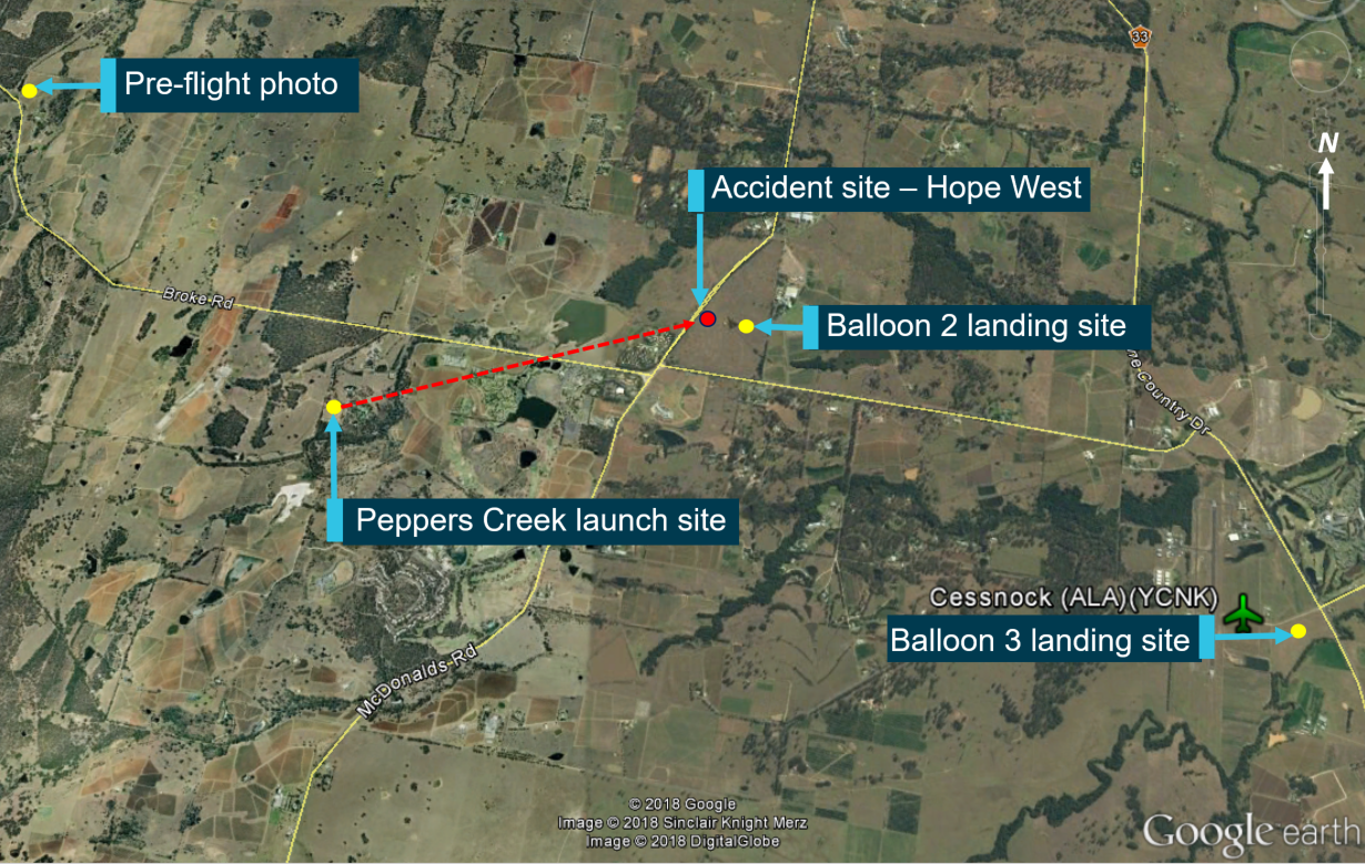 Figure 1: Map of the area showing launch and landing sites.Source: Google Earth annotated by ATSB