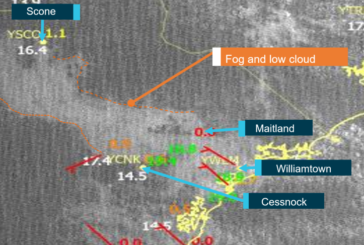 Figure 7: Satellite imagery showing a band of fog and low cloud at 0700.Source: Bureau of Meteorology annotated by ATSB