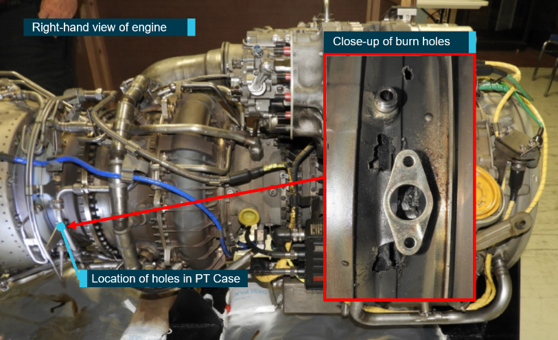 Figure 1: Right-hand view of engine with burn holes indicated.Source: GE – annotations by ATSB