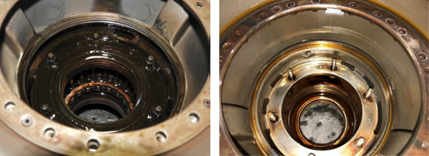 Figure 4: The coking within the B-sump of the occurrence engine (left) in comparison to the condition of a typical engine (right).Source: GE
