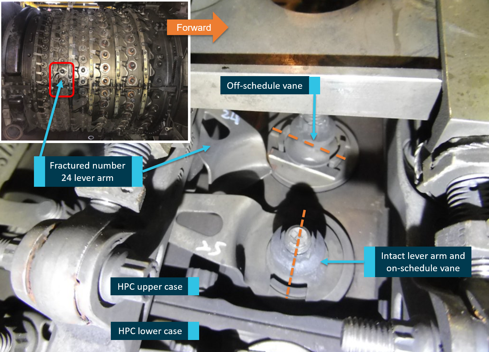Figure 3: Section of the fourth stage variable stator vanes showing the fractured number&nbsp;24 lever arm and resulting off-schedule vane. Inset shows location on engine at 3&nbsp;o’clock position.Source: Evergreen Aviation Technologies Corporation, annotated by ATSB