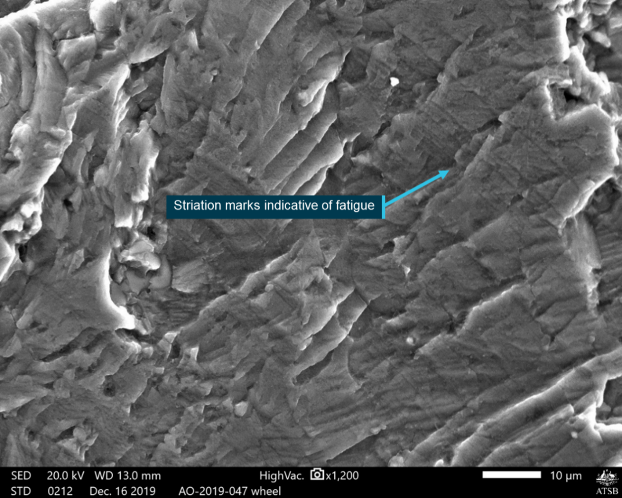 Figure 5: Area of fatigue surface showing step-wise crack formation.Source: ATSB
