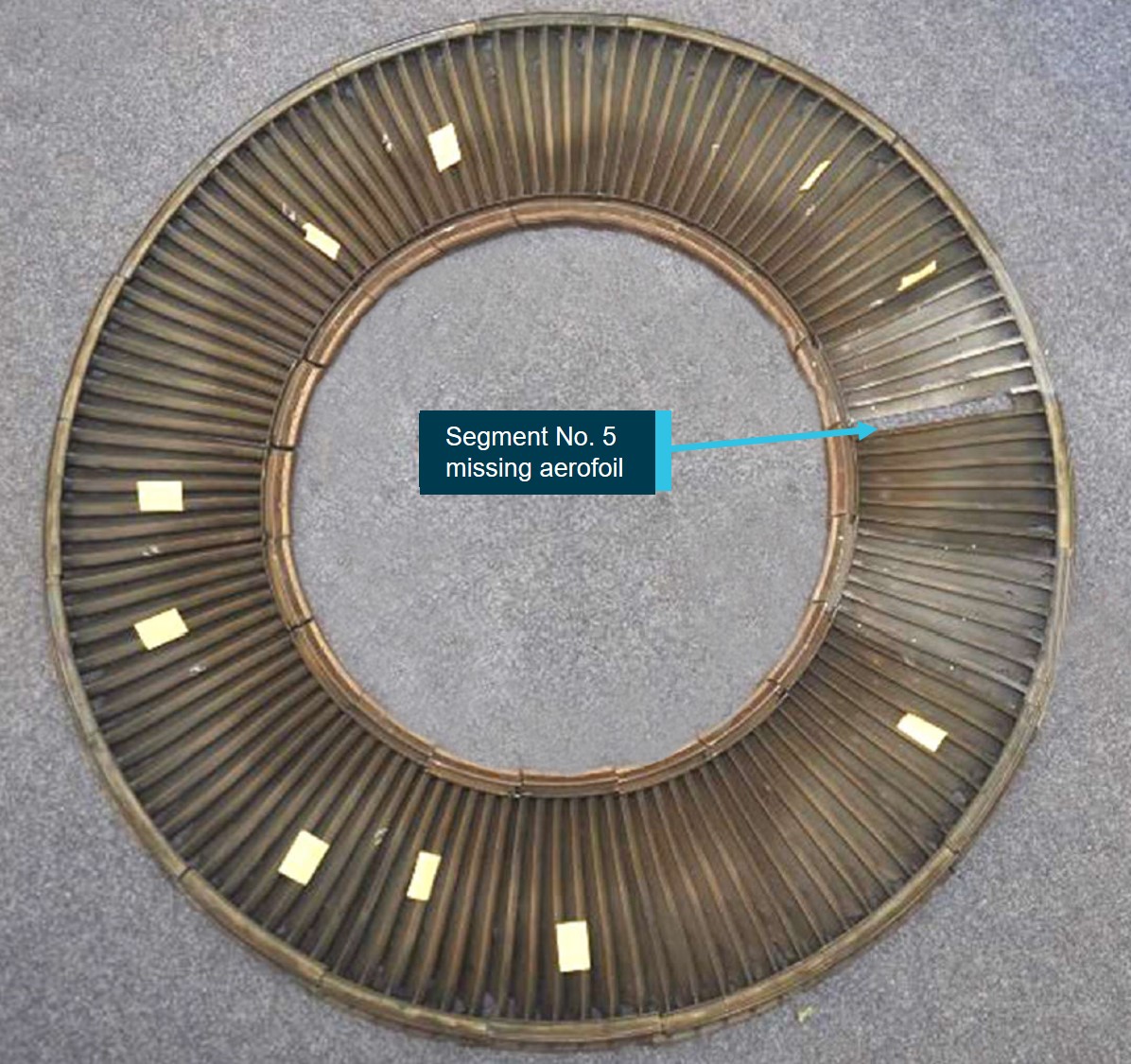 Figure 2: Low-pressure turbine stage four NGV assembly with segment No. 5 showing loss of aerofoil.Source: Supplied by the operator and annotated by the ATSB