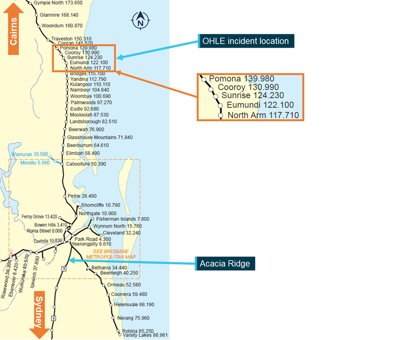 Figure 1: Brisbane rail network showing departure point and occurrence location.
The image shows stations and their distance from Roma Street Station in Brisbane.
Source: Queensland Rail, annotated by the ATSB