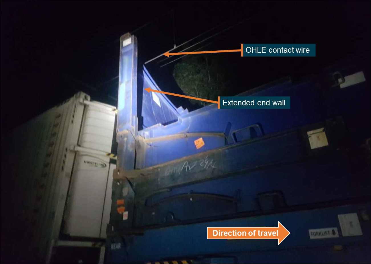 Figure 5: Flat rack end wall in the extended position in close proximity to the OHLE.
Source: Queensland Rail