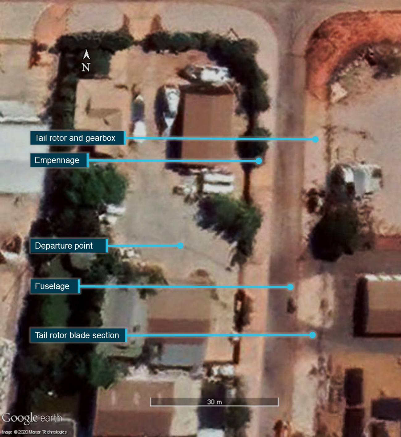 Figure 1: Location of aircraft and components following in-flight breakup.Source: Google Earth, annotated by the ATSB
