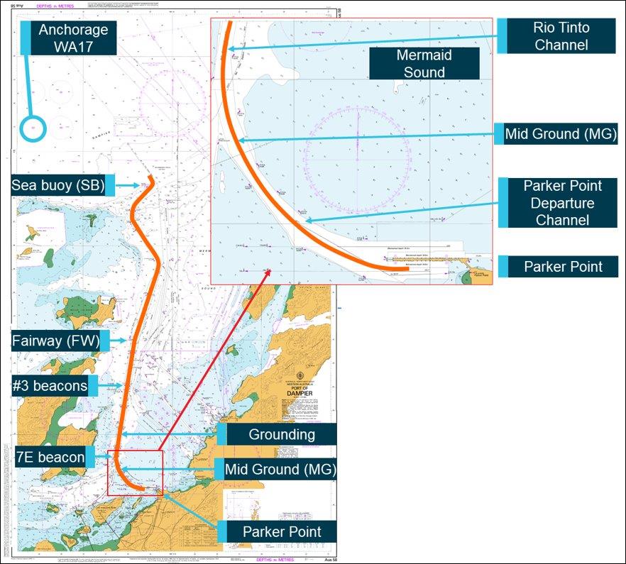 Figure 7: Navigation chart Aus58 of the Port of Dampier showing the track from Parker Point to sea. Inset shows part of navigation chart Aus60 with detail from Parker Point.
Source: Australian Hydrographic Service, annotated by the ATSB