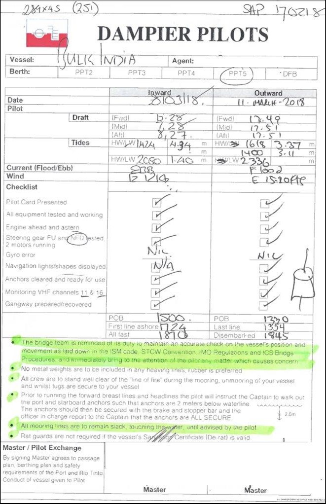Appendix C—Marine Services Western Australia master/pilot exchange of information (MPX) form - Page 1