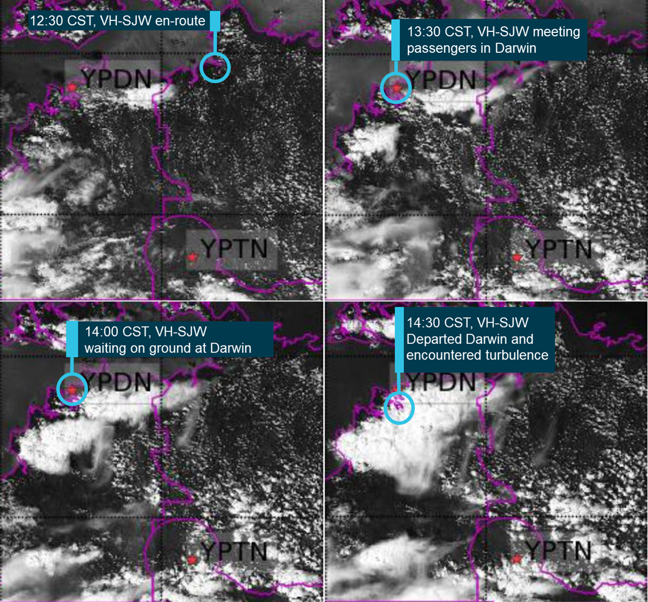 Figure 4: Satellite images of thunderstorm development at the time.Source: Bureau of Meteorology annotated by ATSB