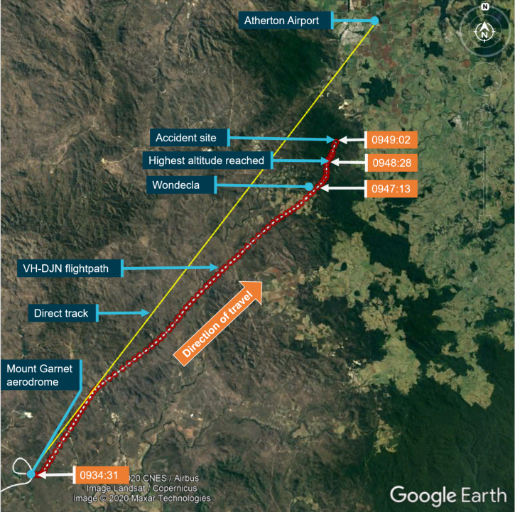 Figure 2: Recorded flightpath of VH-DJN (red) and direct track (yellow).Source: Google Earth overlaid with aircraft’s recorded GPS track, annotated by ATSB