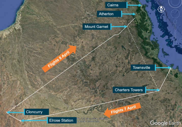 Figure 4: Map of Queensland locations relevant to the occurrence and previous day’s flights including the aircraft track.Source: Google Earth and aircraft GPS, annotated by ATSB