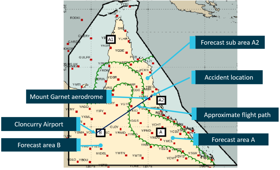Figure 5: Image from the graphical area forecast for area QLD-N issued at 0831 and valid from 0900 to 1500 EST.Source: Bureau of Meteorology, annotated by ATSB