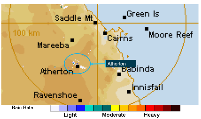 Figure 6: Weather radar image from Cairns at 0951 showing light rain in Atherton.Source: Bureau of Meteorology, annotated by ATSB
