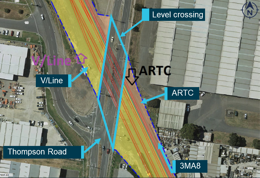 Figure 3: Aerial view of ARTC and V/Line responsibility boundaries.<br />
Source: VicTrack, annotated by the ATSB
