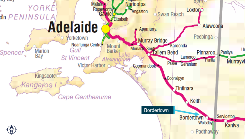 Figure 3: Location.
Image shows the rail corridors within South Australia with the location of Bordertown in relation to Adelaide. Source: Geoscience Australia, Crown Copyright ©