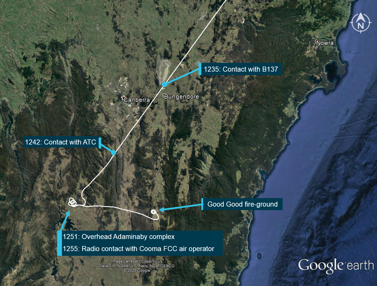 Figure 1: Flight path overview (in white), including the times and locations of where the crew of B134 was in communication with others.<br />
Source: Google earth and ADS-B data, annotated by the ATSB