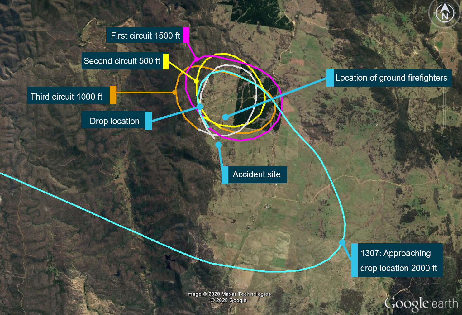 Figure 2: B134’s approach and circuits overhead the drop location, and the position of the firefighters.<br />
Source: Google earth and Skytrac data, annotated by the ATSB