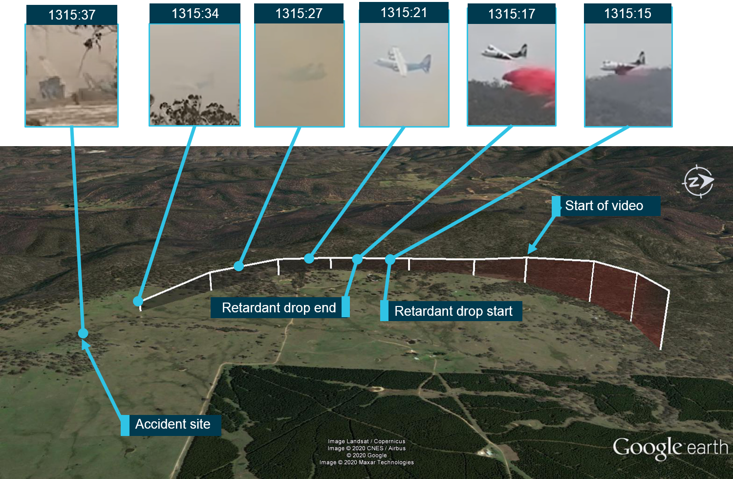 Figure 3: Aircraft attitude and approximate flight path at key times.<br />
Source: Google earth, witness videos and Skytrac data, annotated by the ATSB