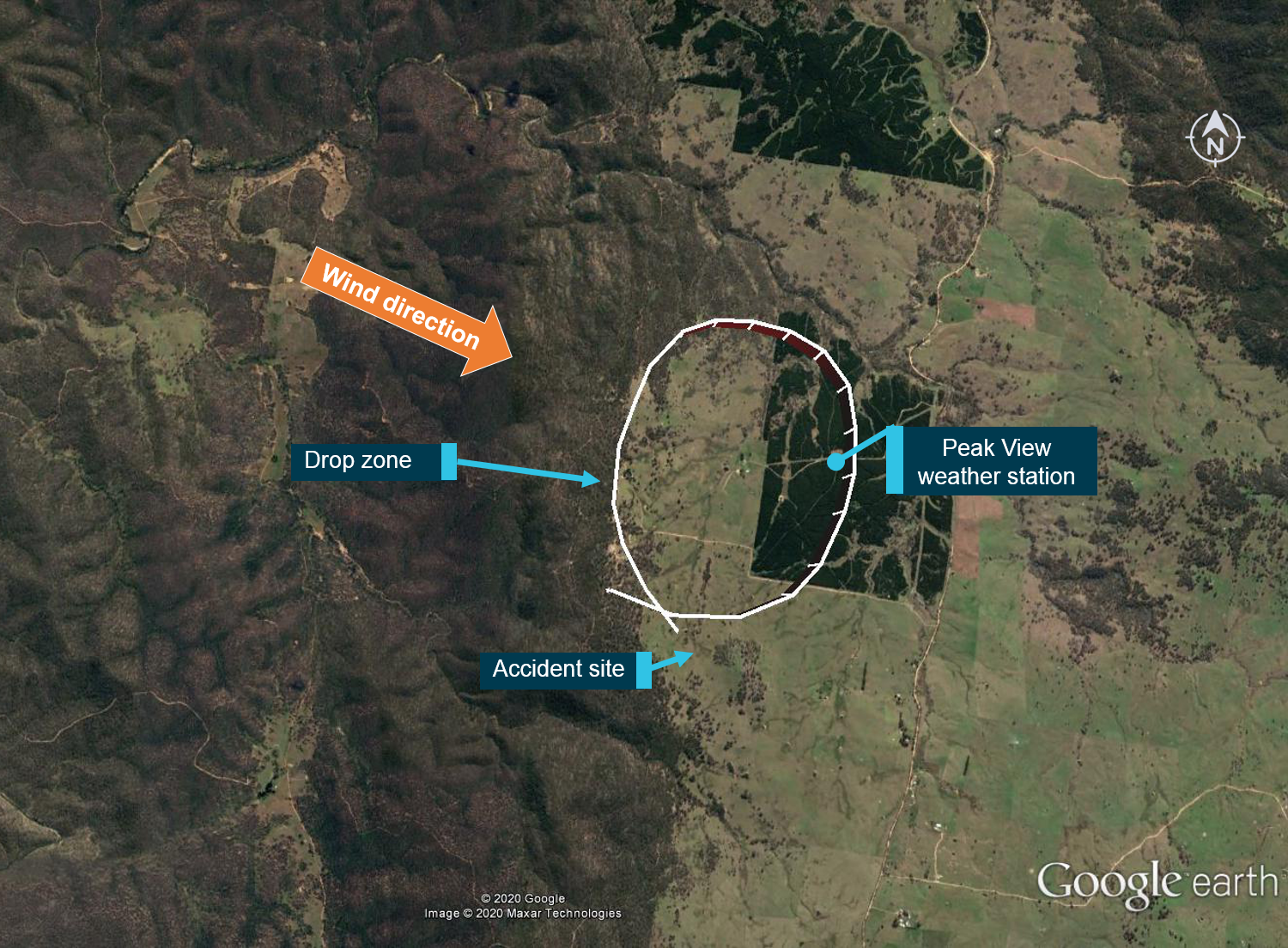 Figure 5: Accident circuit with predominant wind direction and terrain.<br />
Source: Google earth and SkyTrac data, annotated by the ATSB