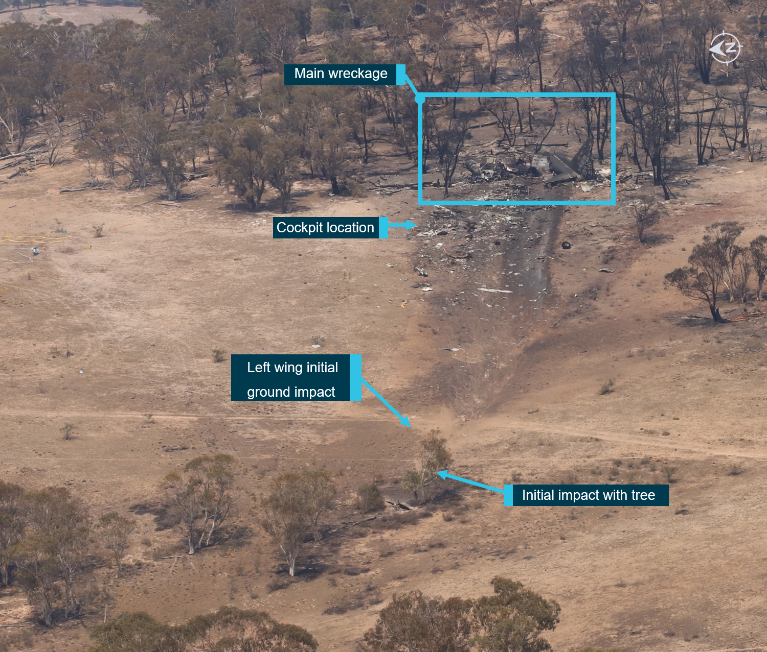 Figure 7: Accident site overview showing the wreckage trail.<br />
Source: ATSB