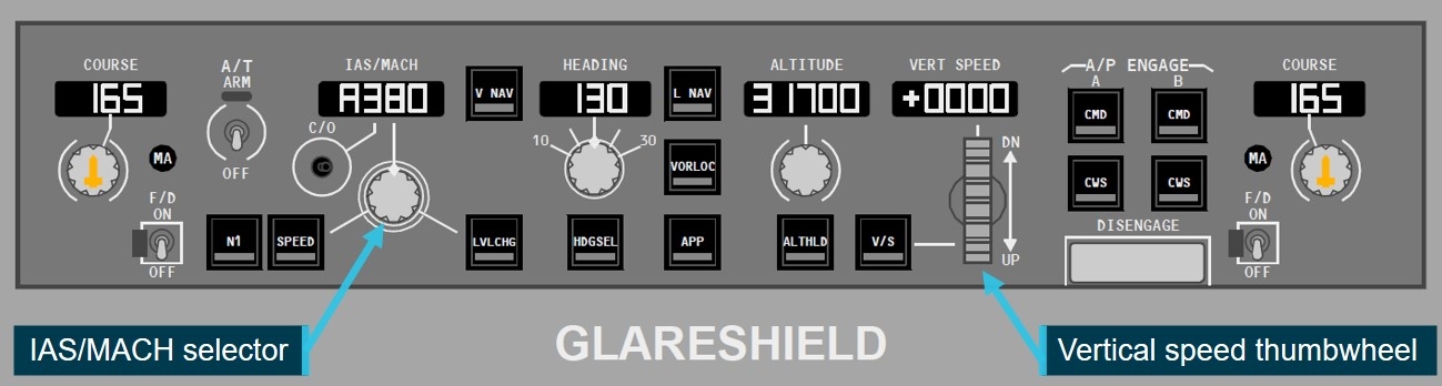 Figure 3: 737 mode control panel.Source: Boeing 737 FCOM. Annotated and cropped by ATSB. Copyright Boeing.