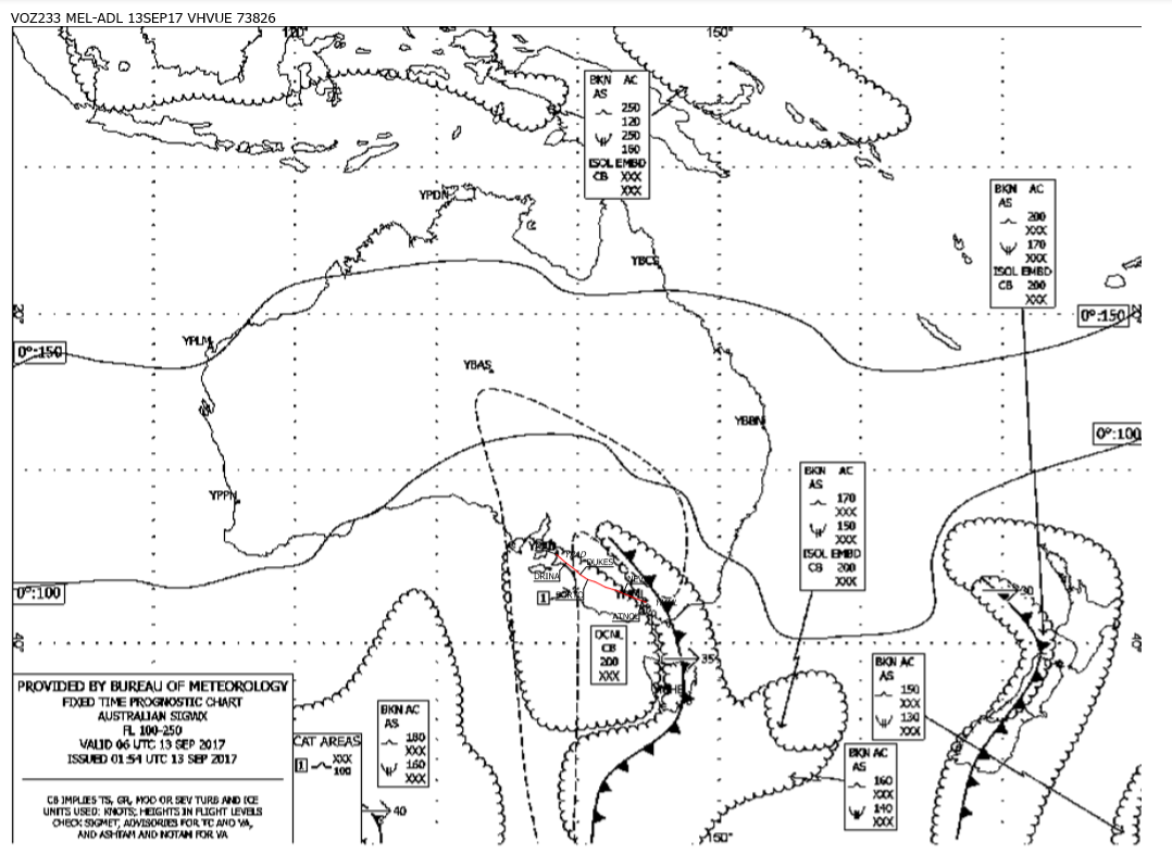 Appendix C: Significant weather chart for Australia, FL 100-250. This chart was valid 0600 UTC and used for operations three hours either side of that time. The red line shows the flight planned route of VH-VUE. A body of clear air turbulence is indicated by the long-dash line, and affects the planned route, to the west of the 140° meridian of longitude. Source: Virgin Australia, originally produced by Bureau of Meteorology