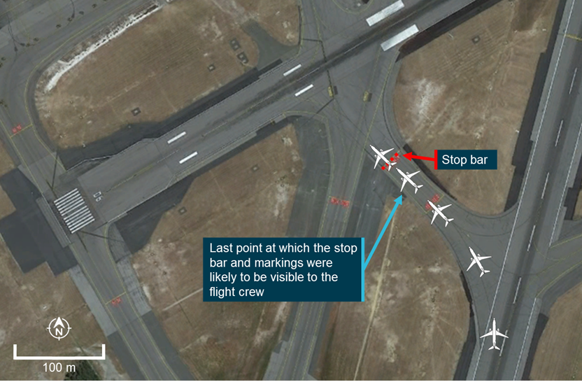 Figure 9: Last point when stop bar was visible from flight deck of VH-XZM.Source: Google Earth, modified by ATSB.