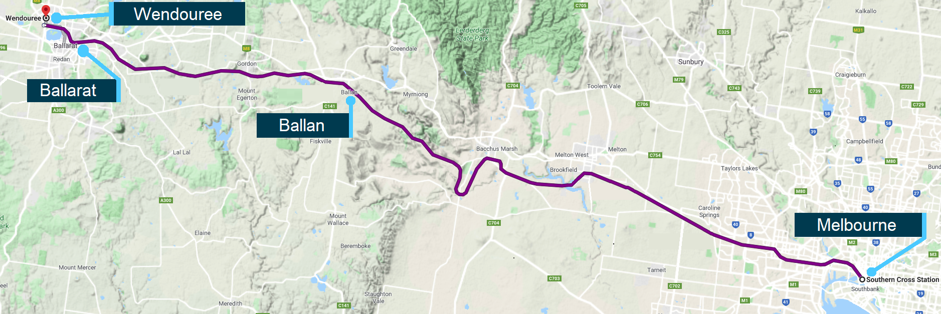 Figure 1: Rail route from Melbourne to Ballarat and Wendouree.<br />
Source: Google Maps. Annotated by Chief Investigator, Transport Safety