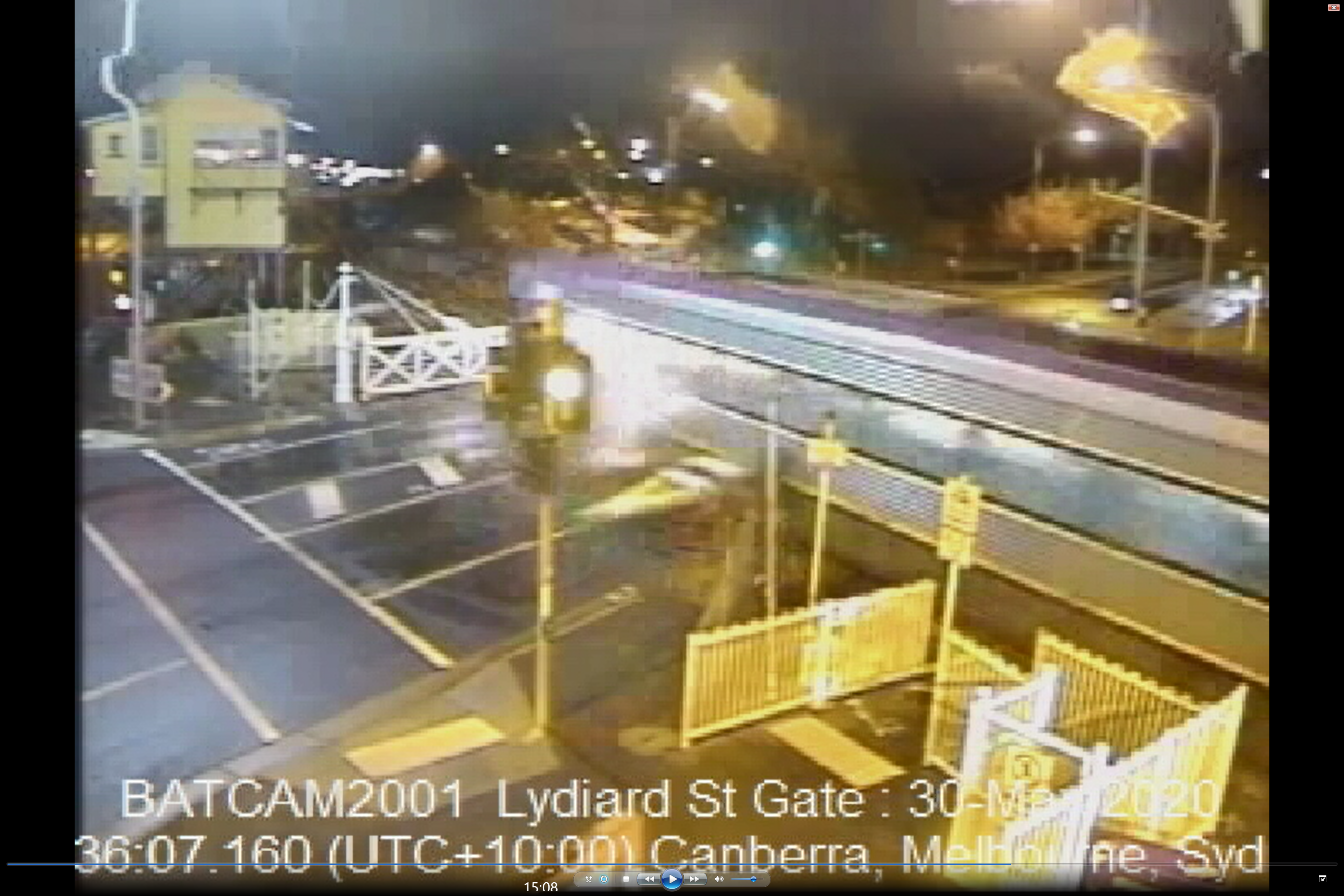 Figure 3: VLocity 3VL70 having impacted the first gate and about to strike the second. Train is running from right-to-left.<br />
Source: V/Line Corporation