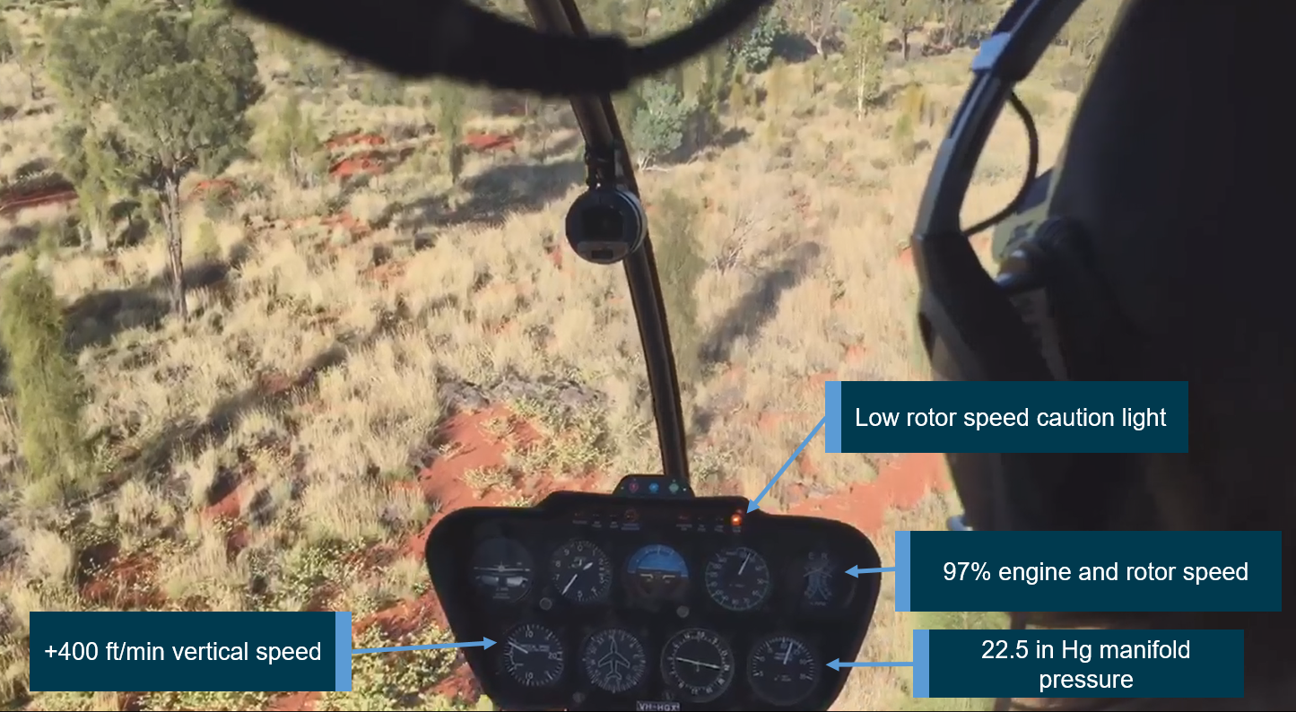 Figure 1: Activation of low rotor RPM warning.Source: Passenger, annotated by the ATSB