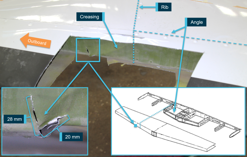 Figure 3: Leading edge removed showing cracking to internal structure.Source: ATSB and Cessna, annotated by the ATSB