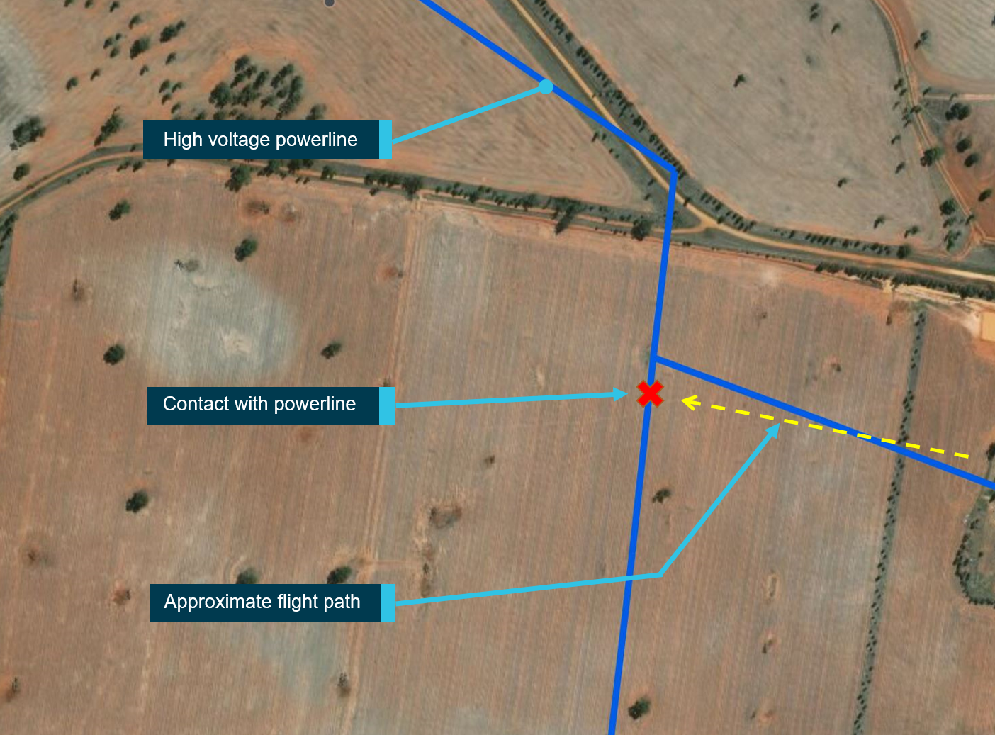 Figure 1: Flight path and powerline location.Source: Look up and live web application. Annotated by the ATSB.
