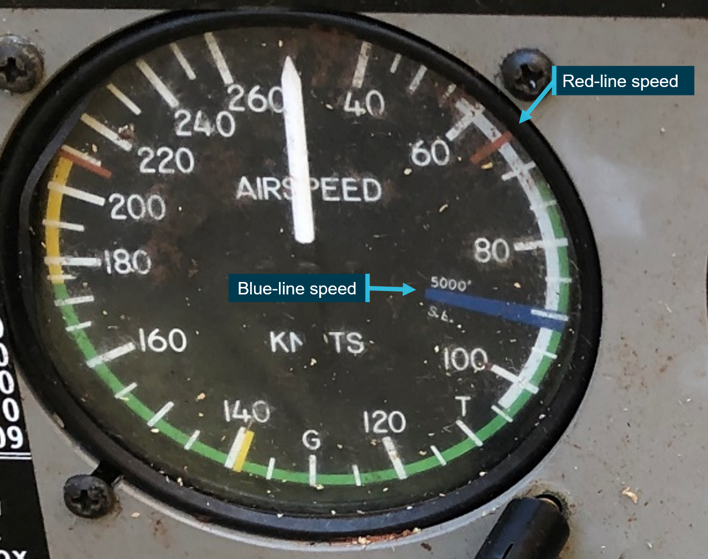 Figure 3: Airspeed indicator from VH-IAZ showing red-line (VMC) and blue-line (VYSE) speeds.Source: VH-IAZ annotated by ATSB
