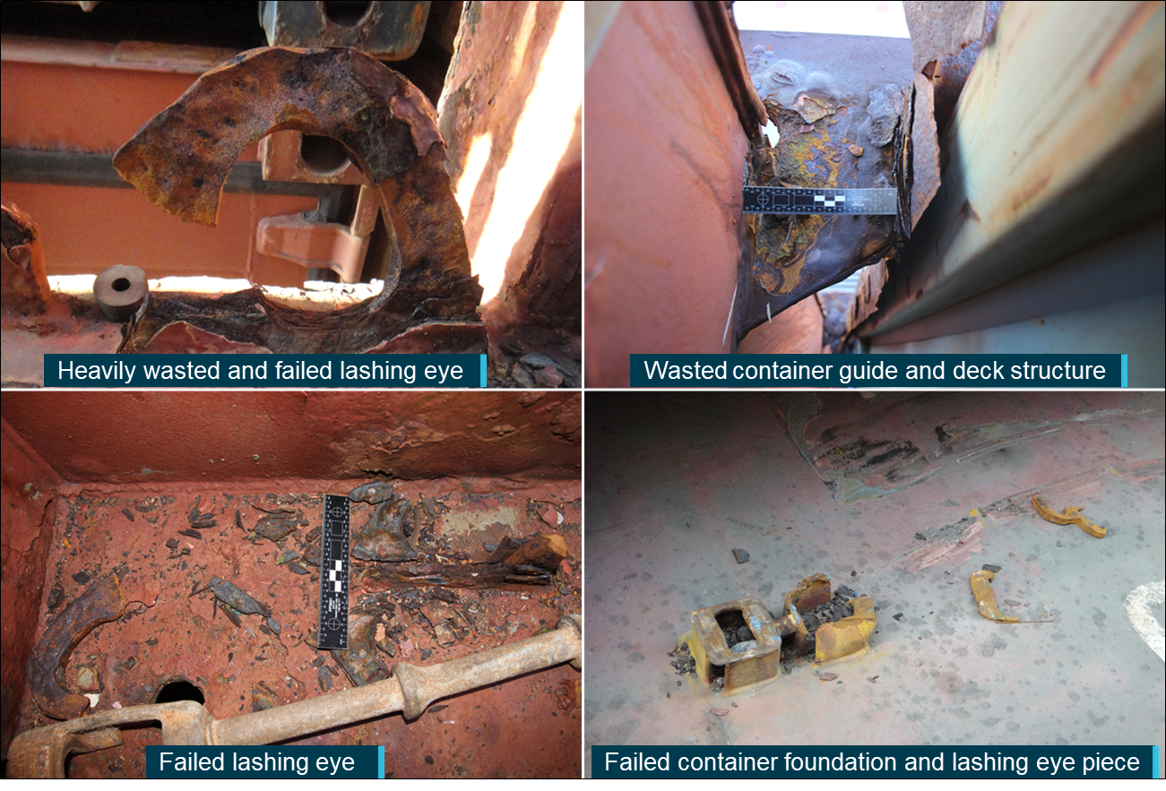 Figure 4: Examples of condition of cargo securings and ship structure.Source: ATSB