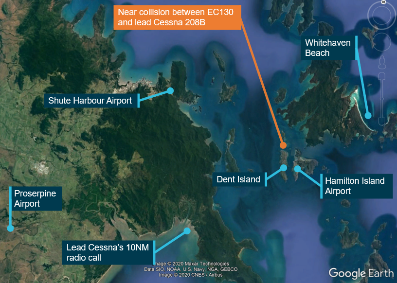 Figure 1: Extract of Google Earth showing relevant positions.Source: Google Earth – annotated by ATSB