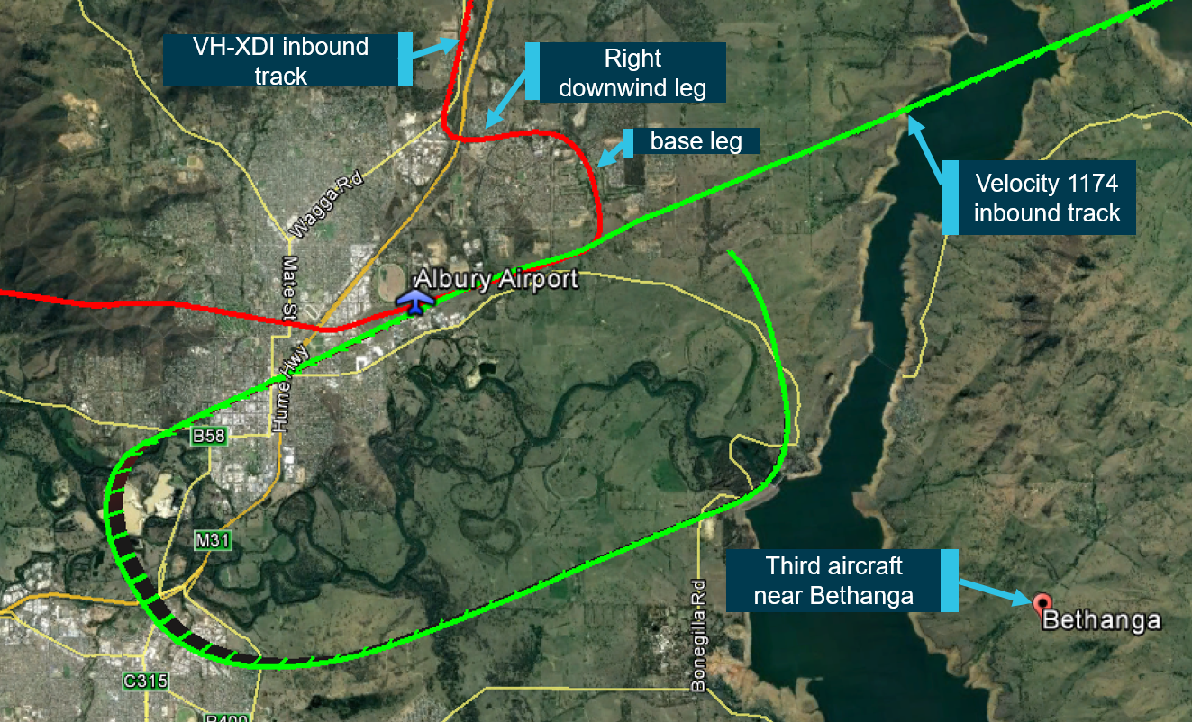 Figure 1: Aircraft tracks as recorded by the ADSB systems on-board the aircraft.Image shows the inbound tracks of VH-XDI joining a right circuit and Velocity 1174 conducting a straight-in approach. The area a third aircraft was operating is also marked. Source: Airservices Australia, Google Earth - annotated by ATSB.