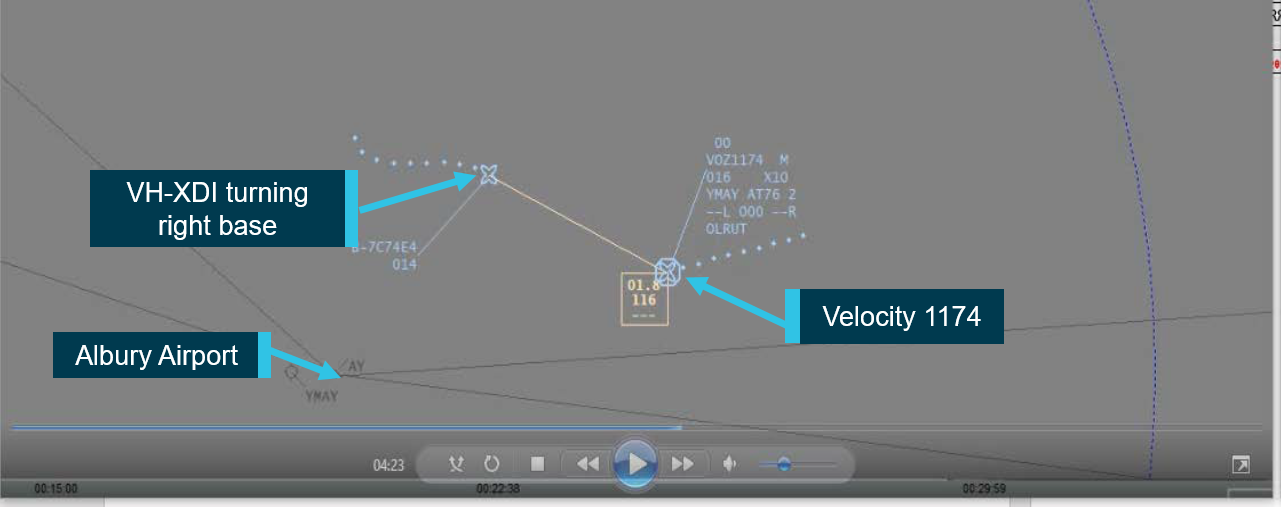Figure 3: XDI turning base with Velocity 1174 on about 3 km (1.8 NM) final .
Source: Airservices Australia annotated by ATSB